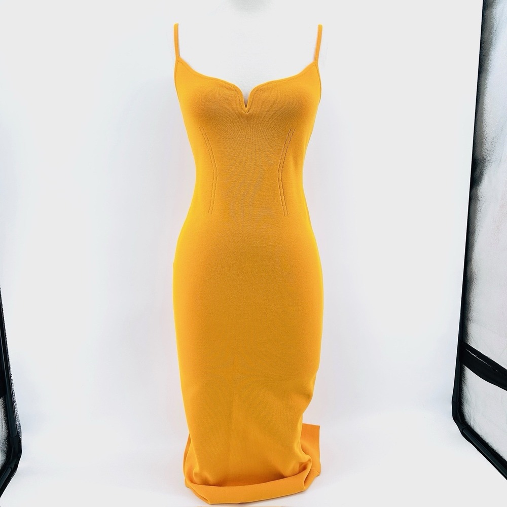 Orange Bodycon Maxi‎ Dress S Tropical Vacation Resort Wedding Guest Sunset